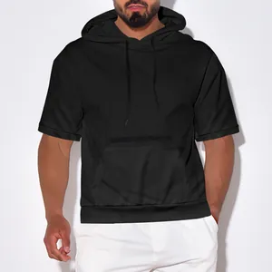 Detail shot of a men's black casual hooded short-sleeved t-shirt with fine texture
