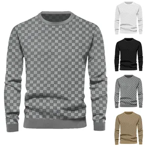 Detailed view of men's checkered jacquard knit sweater available in multiple colors.