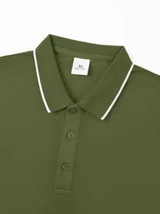 Macro detail of olive green quick-dry men's polo shirt collar with white stripe and XL tag