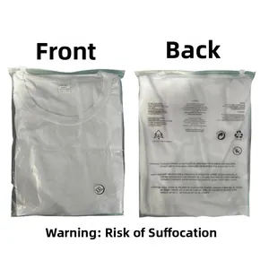 Front and back view of a white men's tank top in a plastic bag with warning label.