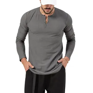Slim fit men's long sleeve grey Henley shirt with three-button placket style