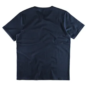 Back view of a plain navy blue short-sleeved t-shirt made from comfortable cotton