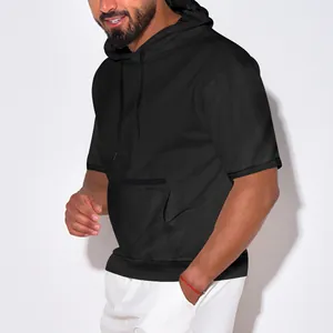 Detailed side view of men's black hooded short sleeve t-shirt with premium textured fabric