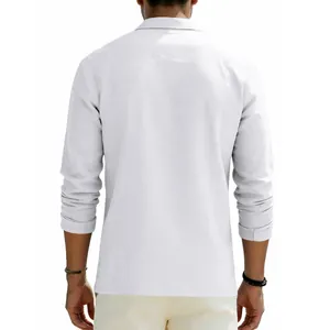 Back view of a breathable white long-sleeve linen polo shirt for men in classic style