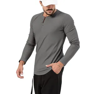 Casual men's slim fit long sleeve Henley shirt in grey marl fabric for a tough look