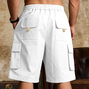 Macro detail view of white men's outdoor cargo shorts featuring functional multi-pocket design