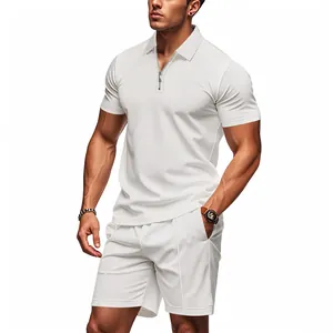 Detailed view of white waffle knit polo and shorts set featuring a stylish zipper collar