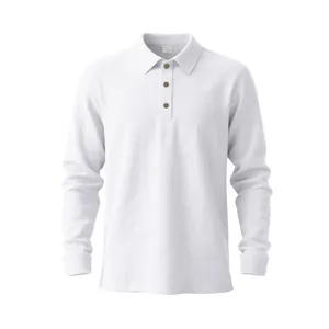 White long-sleeve linen polo shirt with breathable fabric texture and classic collar.