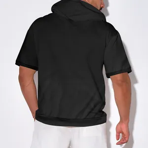Back view of men's heavyweight black short-sleeved hoodie in a relaxed casual fit.