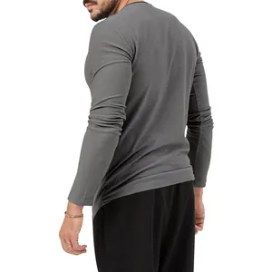 Back view of a slim fit men's long sleeve grey t-shirt showing fabric texture and fit.