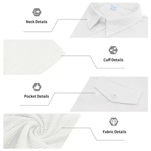 Detailaufnahmen eines weißen Cord-Poloshirts mit Kragen, Tasche und Stoffstruktur