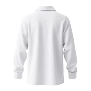 Back view of a white linen long sleeve polo shirt for men showing breathable texture