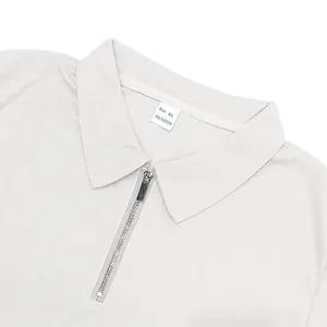 Detailed view of white waffle knit polo collar with silver zipper and size tag