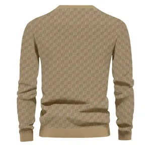 Back view of men's beige knitted sweater with heavy jacquard checkerboard texture.
