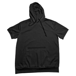 Detailed view of men's black short sleeve hoodie featuring high-quality waffle knit fabric.