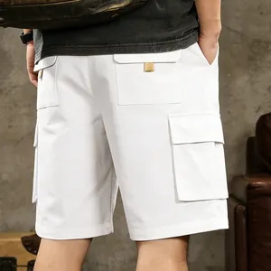 Rear view detail of white multi-pocket cargo shorts for men's outdoor casual wear.