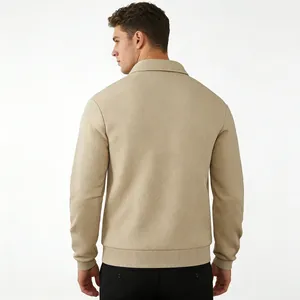 Back view of a men's beige textured jacquard long-sleeved polo sweatshirt detail