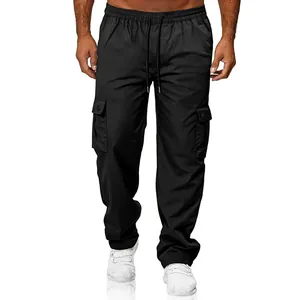Pantalones cargo negros holgados para hombre con pierna recta y bolsillos laterales