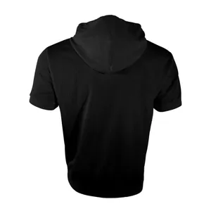 Detailed back view of a men's black hooded short-sleeve t-shirt with premium waffle texture