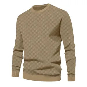 Detailed texture view of men's khaki jacquard checkered knitted round neck long sleeve top