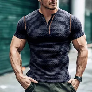 Slim fit muscle Henley T-shirt for men featuring textured breathable fabric in dark navy