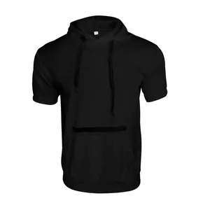Front view of men's casual black short-sleeve hoodie with textured fabric and drawstring