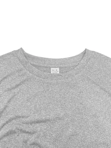 Detail of neck label and grey quick-dry fabric on men's sports t-shirt