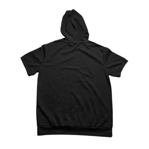 Detailed back view of men's casual black short sleeve hoodie with heavy textured fabric