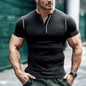 Muscular fit black Henley shirt for men with textured breathable fabric for summer fitness