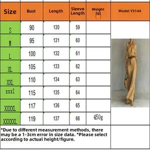 Größentabelle und Maße für elegantes, einfarbiges, plissiertes Maxikleid mit Gürtel