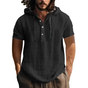 Chemise à capuche boutonnée en coton et lin noir pour hommes avec cordon de serrage chic