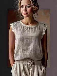 Retro women's loose sleeveless linen blend shirt featuring delicate ivory lace stitching