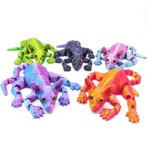 Colorful articulated 3D printed Sphynx cat figures in various iridescent gradients