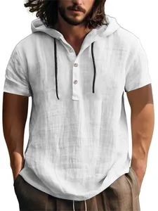Chemise Henley Décontractée en Mélange de Lin pour Hommes à Capuche Manches Courtes Été Respirant T-Shirt de Plage Coupe Large