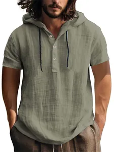 Chemise à capuche en lin à manches courtes pour homme, style décontracté de plage