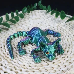 Articulated 3D printed hairless cat figure in iridescent metallic green and purple