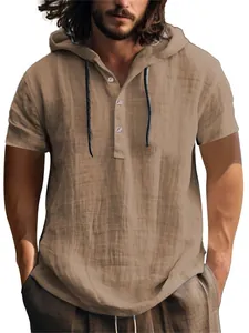 Chemise à capuche décontractée en coton et lin pour hommes pour la plage ou l'été.