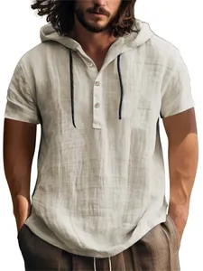 Chemise à capuche boutonnée pour homme en coton et lin à manches courtes style plage