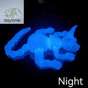 Luminous 3D printed articulated Sphynx cat skeleton figure glowing in blue