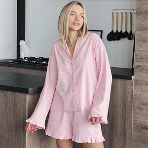 Ensemble de Pyjama en Coton pour Femmes Chemise à Manches Longues et Boutonnée avec Short à Volants Vêtement de Nuit Doux