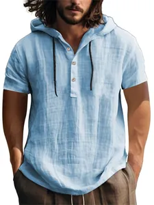 Chemise à capuche décontractée en lin bleu clair pour homme, idéale pour la plage