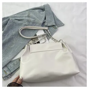 Close-up view of a minimalist white large capacity shoulder bag with elegant chain strap detail
