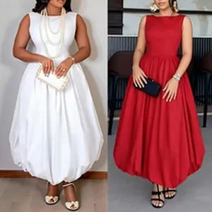 Elegant sleeveless boat neck dresses in white and red solid colors with pleated skirts