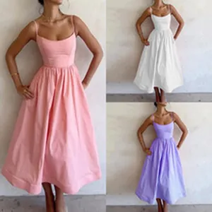 Fashionable casual solid color sleeveless midi dress shown in pink, white, and purple