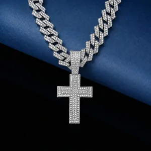 Collier Pendentif Croix Strass Hip Hop Alliage Chaîne Cuban Link Bijoux Rap Pour Hommes Accessoire Streetwear Élégant