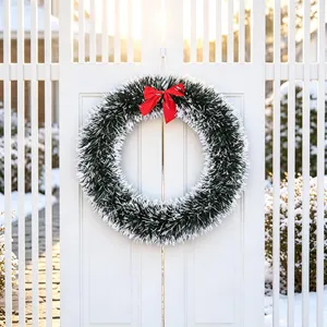 Christmas Tinsel Wreath With Red Satin Bow Festive Holiday Hanging Door Decoration Plastic Iron Wire Frame