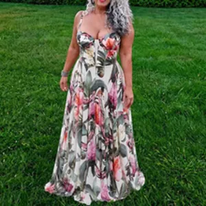 Detailed view of a colorful summer floral print maxi dress featuring a corset-style top design