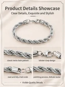 Macro views of a polished silver twisted rope chain bracelet with secure lobster clasp