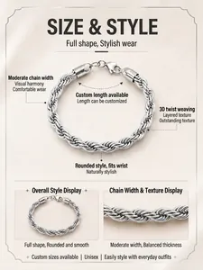 Detailed view of titanium twist chain bracelet featuring rope texture and lobster clasp.
