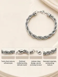 Detailed view of silver titanium steel twist rope bracelet with sturdy lobster clasp